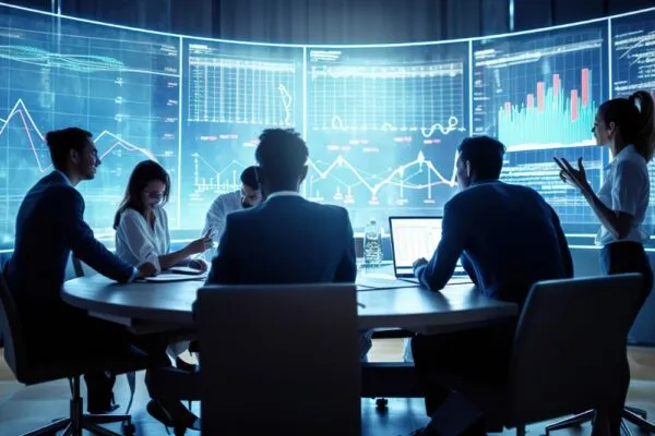 Business Team Collaboration Discussing Work Analysis With Financial Data Marketing Growth Report