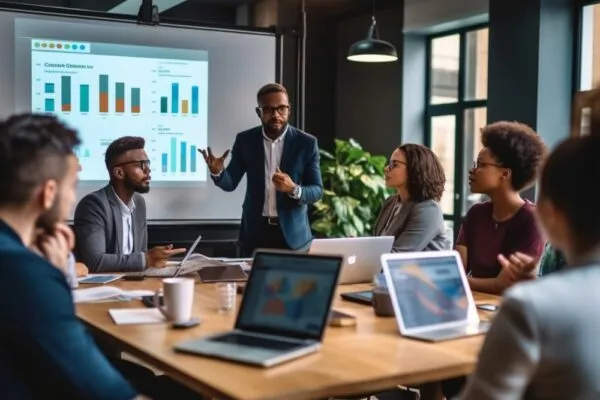 Focused Team Leader Presenting Marketing Plan Interested Multiracial Coworkers