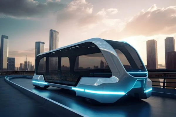 Futuristic Electric Bus Futuristic Bridge With View City Background