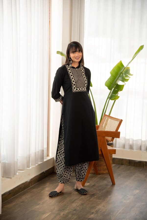 1750596910 Yashika Womens 34 Sleeve Solid Black Color Kurti Pant Set Cotton Blend Knee Length Stylish.jpg