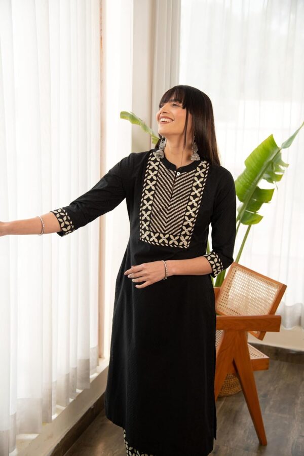 1750596911 Yashika Womens 34 Sleeve Solid Black Color Kurti Pant Set Cotton Blend Knee Length Stylish.jpg