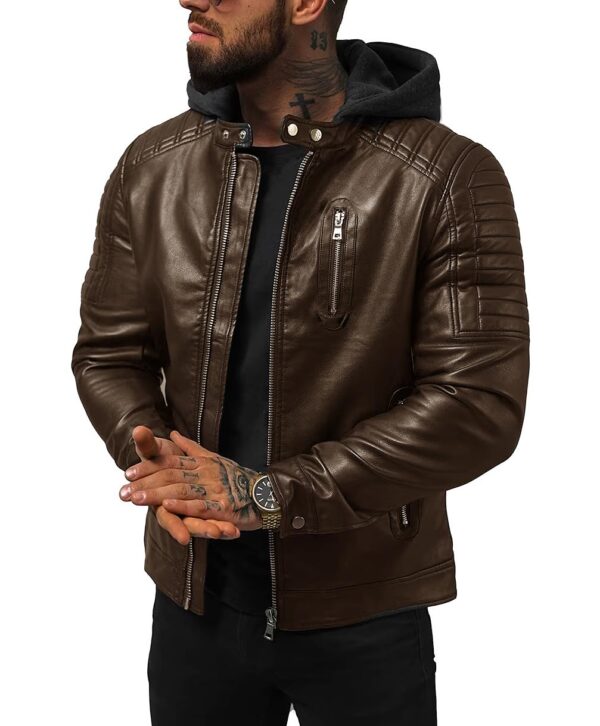 Blaq Ash Men's Faux Leather Hooded Motorcycle Jacket, Zip Up, with