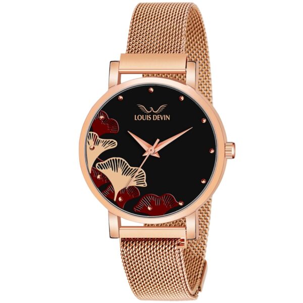 LOUIS DEVIN Rose Gold Plated Mesh Chain Analog Wrist Watch