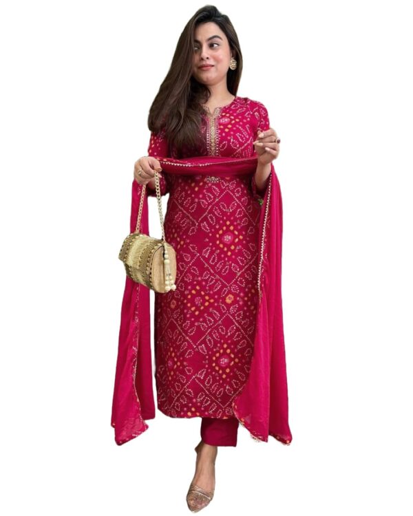 GoSriKi Women's Rayon Viscose Straight Bandhej Printed Kurta with Pant