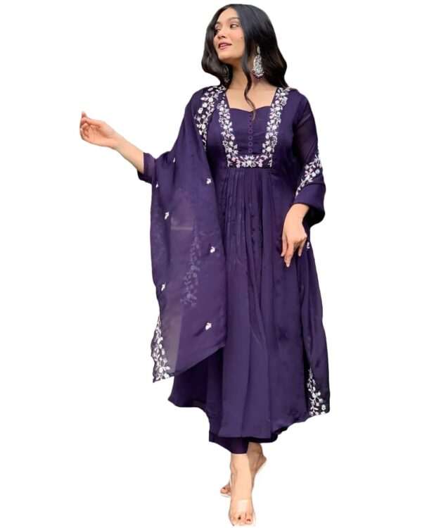 GoSriKi Women's Rayon Blend A-Line Printed Kurta with Pant & Dupatta - Image 2