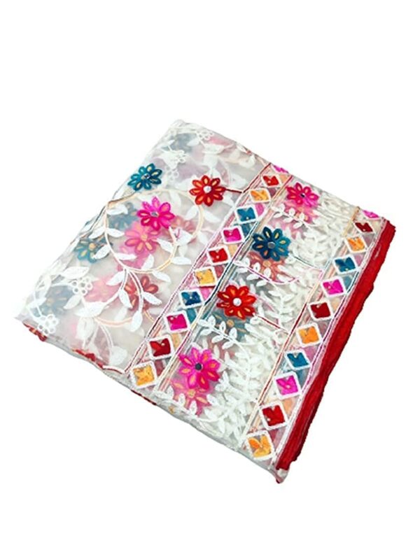 Glamika White Colour Net Embroidered Fancy Phulkari Dupatta for women (White, 2.2 meters) - Image 2