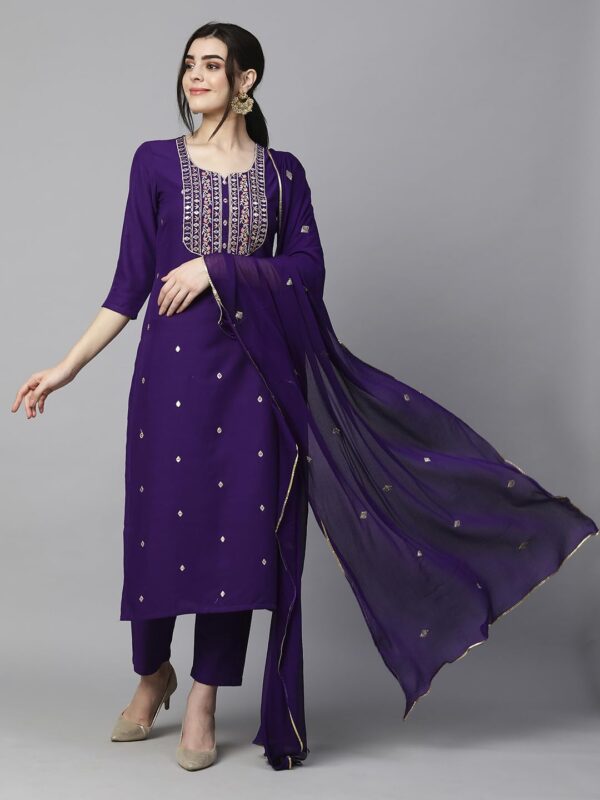 GoSriKi Women’s Cotton Blend Embroidered Kurta Set with Pant & Dupatta – Straight Calf‑Length, 3/4 - Image 8