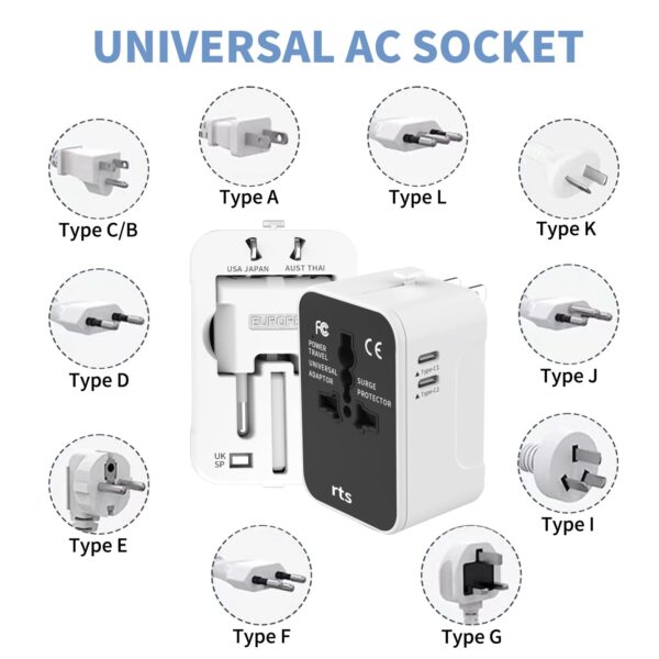 rts 2 Type C + 1 USB Plug Universal Travel Adapter, International All in One Worldwide Travel Power - Image 7