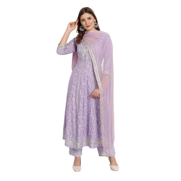 Rangnavi Women Rayon Anarkali Embroidered Printed Kurta Pant and Dupatta Set - Image 2