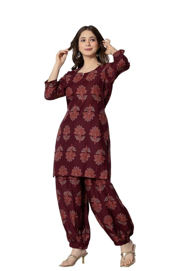 rytras Women's Pure Cotton Printed Straight Kurta Set with Palazzo Pants - Ethnic Wear, Maroon - Image 4