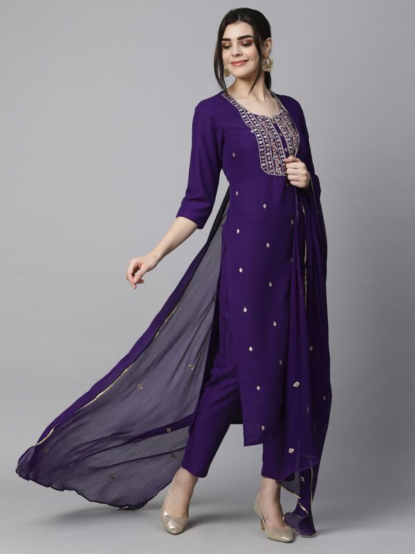 GoSriKi Women’s Cotton Blend Embroidered Kurta Set with Pant & Dupatta – Straight Calf‑Length, 3/4 - Image 5