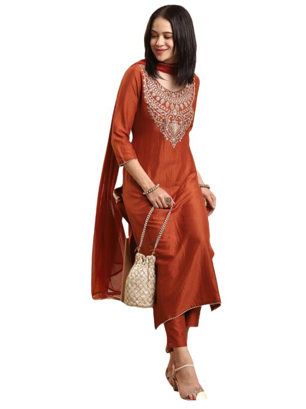 GoSriKi Women's Rayon Viscose Embroidered Straight Kurta with Pant & Dupatta - Image 2