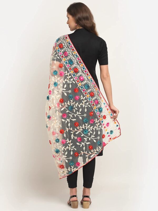 Glamika White Colour Net Embroidered Fancy Phulkari Dupatta for women (White, 2.2 meters) - Image 5
