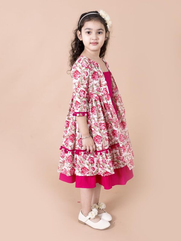 Pspeaches Girls Magenta Floral A-Line Cotton Below The Knee Dress with Attached Shrug - Image 3