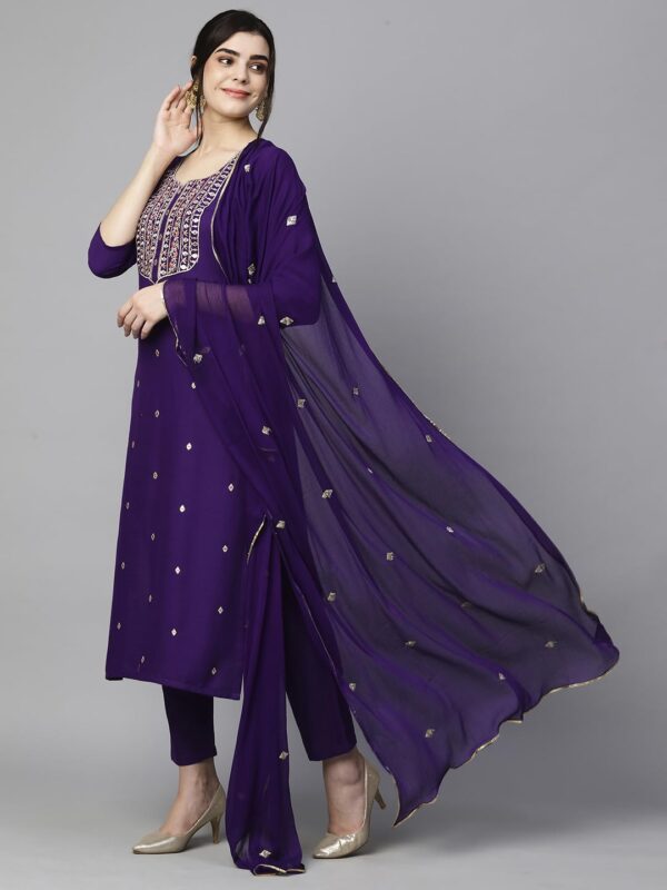 GoSriKi Women’s Cotton Blend Embroidered Kurta Set with Pant & Dupatta – Straight Calf‑Length, 3/4 - Image 4