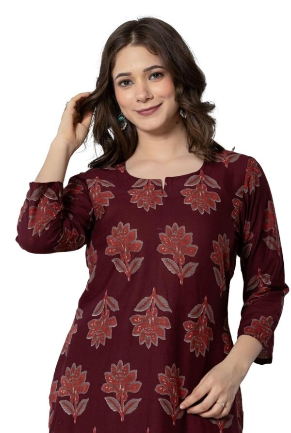 rytras Women's Pure Cotton Printed Straight Kurta Set with Palazzo Pants - Ethnic Wear, Maroon - Image 6