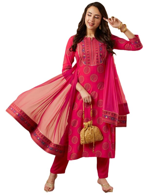 GoSriKi Women's Cotton Blend Straight Printed Kurta with Pant & Dupatta - Image 2