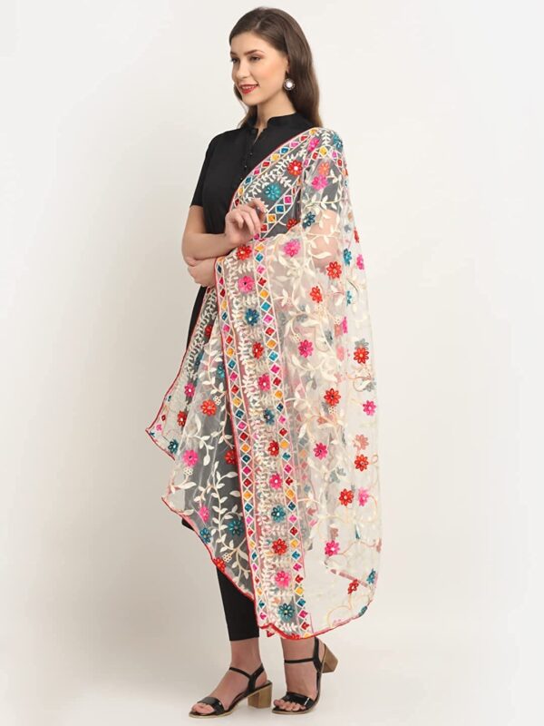 Glamika White Colour Net Embroidered Fancy Phulkari Dupatta for women (White, 2.2 meters) - Image 3