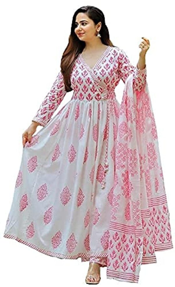 MEERA FAB Women's Cotton Printed White Anarkali Kurta with Palazzo & Dupatta Set - Image 2