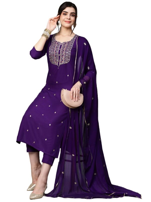 GoSriKi Women’s Cotton Blend Embroidered Kurta Set with Pant & Dupatta – Straight Calf‑Length, 3/4 - Image 2