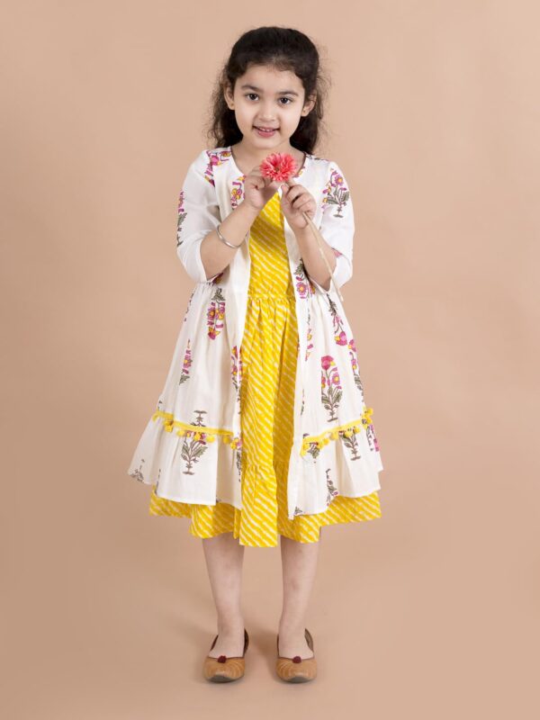 Pspeaches Girls Yellow Striped Cotton Midi Dress with Printed Shrug (Yellow) - Image 6