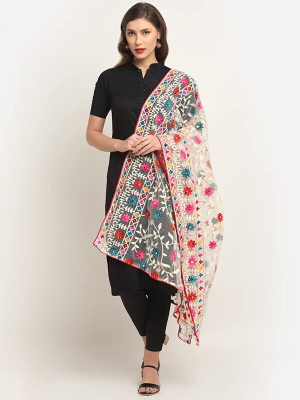 Glamika White Colour Net Embroidered Fancy Phulkari Dupatta for women (White, 2.2 meters) - Image 4