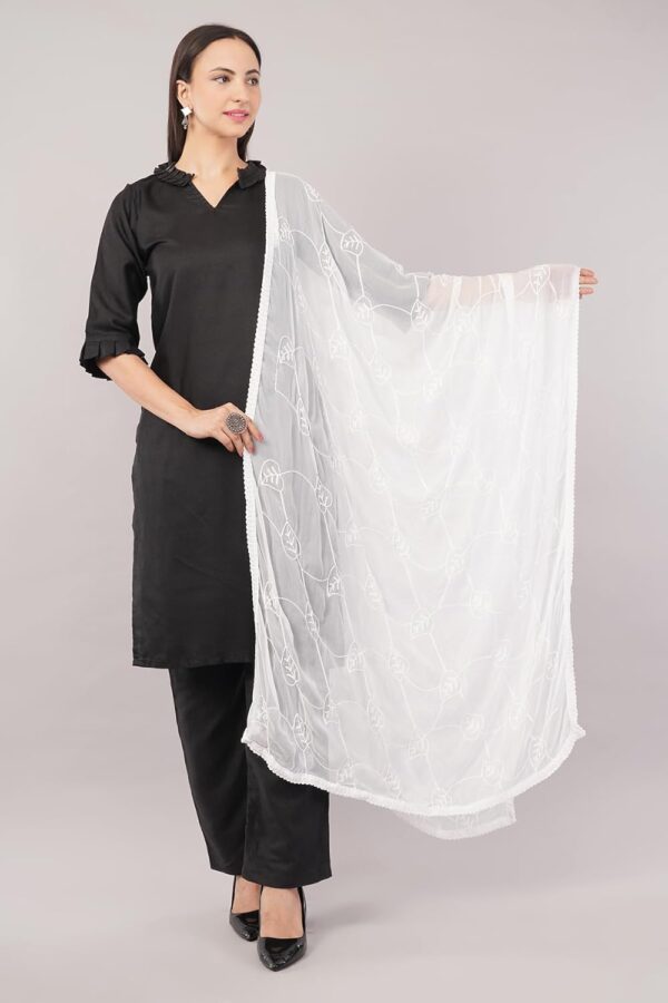 Negchaar Whiite Embroidered Nazneen Dupatta For Women | Women's Full Size Ethnic Dupattas | Premium - Image 3