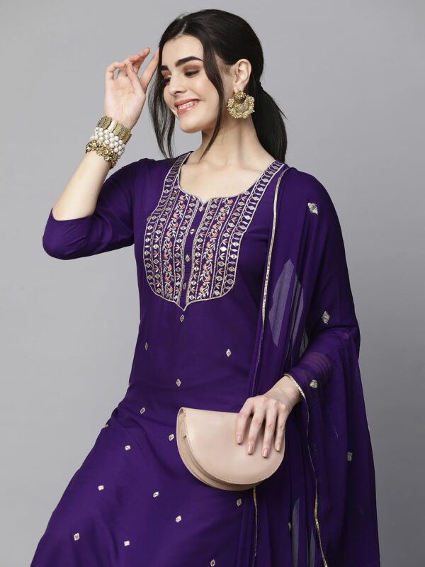 GoSriKi Women’s Cotton Blend Embroidered Kurta Set with Pant & Dupatta – Straight Calf‑Length, 3/4 - Image 6