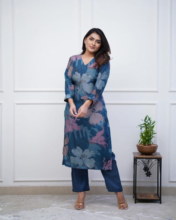 GoSriKi Women's Chanderi Straight Printed Kurta with Pant - Image 3