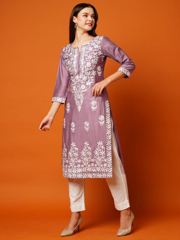 GoSriKi Women's Cotton Blend Straight Chikankari Embroidered Kurta - Image 4