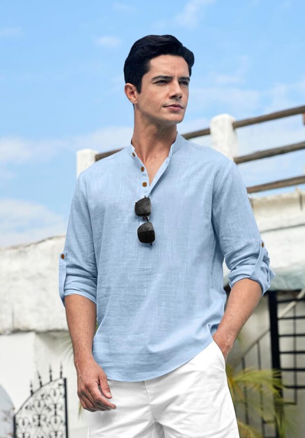 Zombom Cotton Blend Solid Casual Regular Fit Mandarin/Chinese Collor Short Kurta for Men - Image 5