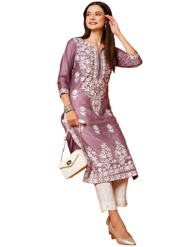 GoSriKi Women's Cotton Blend Straight Chikankari Embroidered Kurta - Image 2