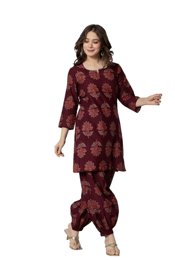 rytras Women's Pure Cotton Printed Straight Kurta Set with Palazzo Pants - Ethnic Wear, Maroon - Image 5