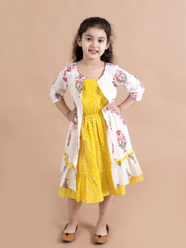 Pspeaches Girls Yellow Striped Cotton Midi Dress with Printed Shrug (Yellow) - Image 2