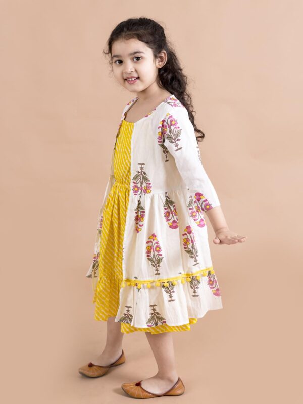 Pspeaches Girls Yellow Striped Cotton Midi Dress with Printed Shrug (Yellow) - Image 3
