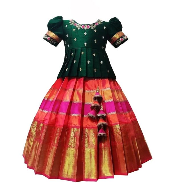 White Button Girls Polyester Blend New South Indian Traditional Pattu Pavadai Jecquard Readymade - Image 2
