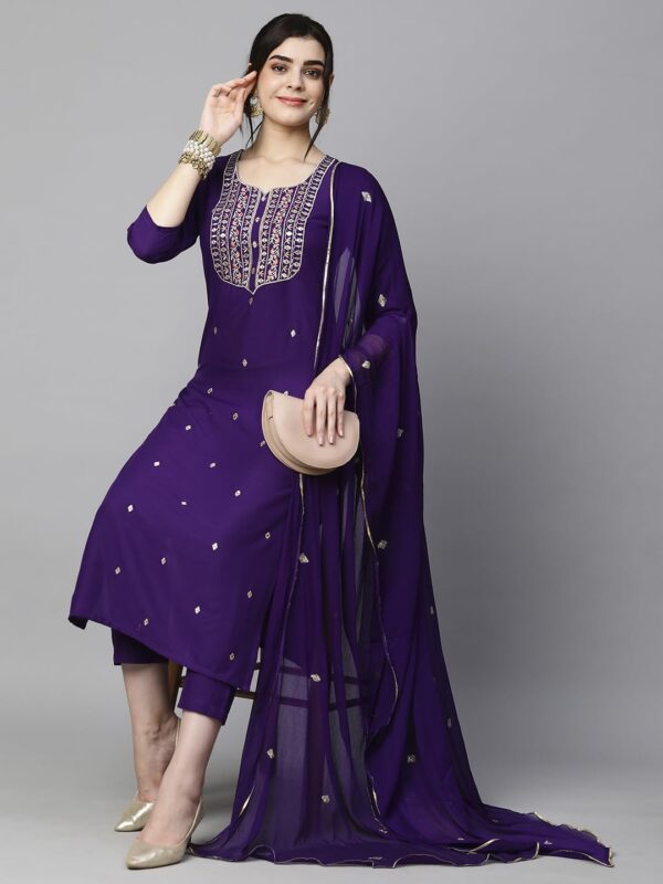 GoSriKi Women’s Cotton Blend Embroidered Kurta Set with Pant & Dupatta – Straight Calf‑Length, 3/4 - Image 9