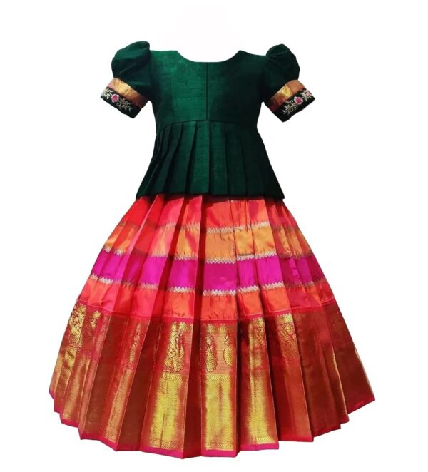 White Button Girls Polyester Blend New South Indian Traditional Pattu Pavadai Jecquard Readymade - Image 3