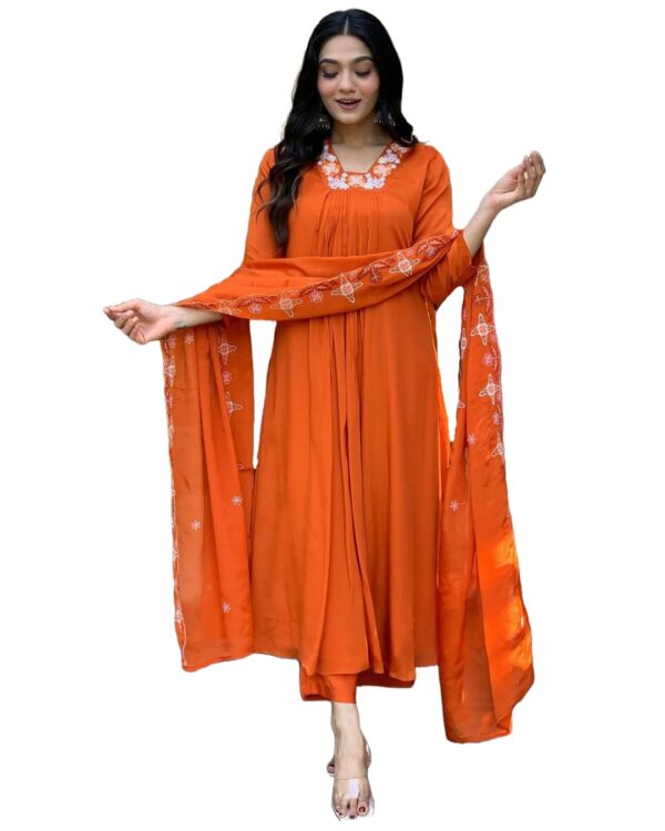 GoSriKi Women's Rayon Blend Anarkali Thread Work Kurta with Pant & Dupatta - Image 2