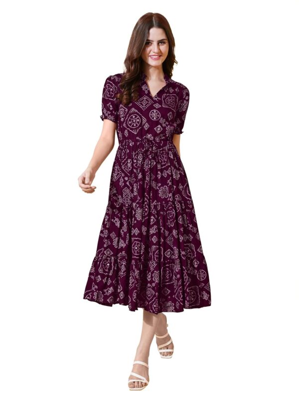 flowervelly Dress for Women Printed Midi Dress with V-Neck, Puffed Sleeves - Image 2