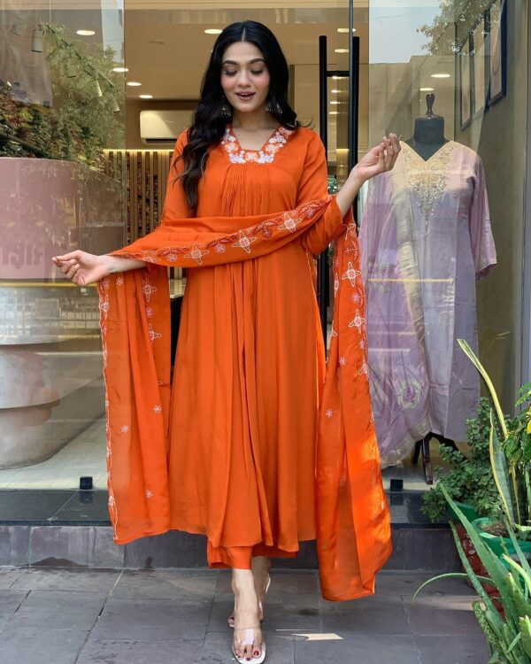 GoSriKi Women's Rayon Blend Anarkali Thread Work Kurta with Pant & Dupatta - Image 9