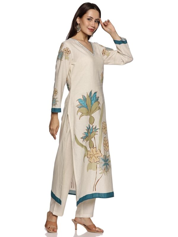 RAJMANDIRFABRICS Women's Cotton Hand Block Printed with Thread Work Straight Kurta Pant with Dupatta - Image 3