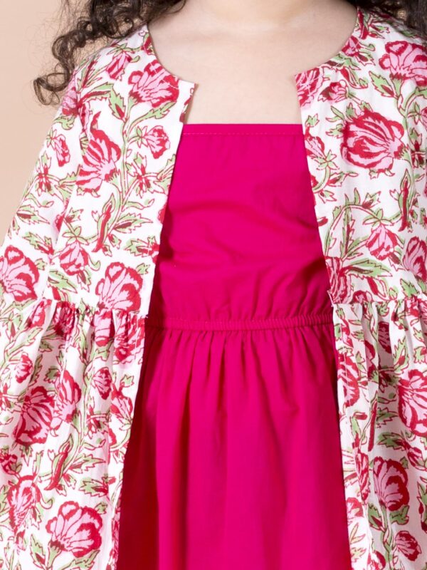 Pspeaches Girls Magenta Floral A-Line Cotton Below The Knee Dress with Attached Shrug - Image 5