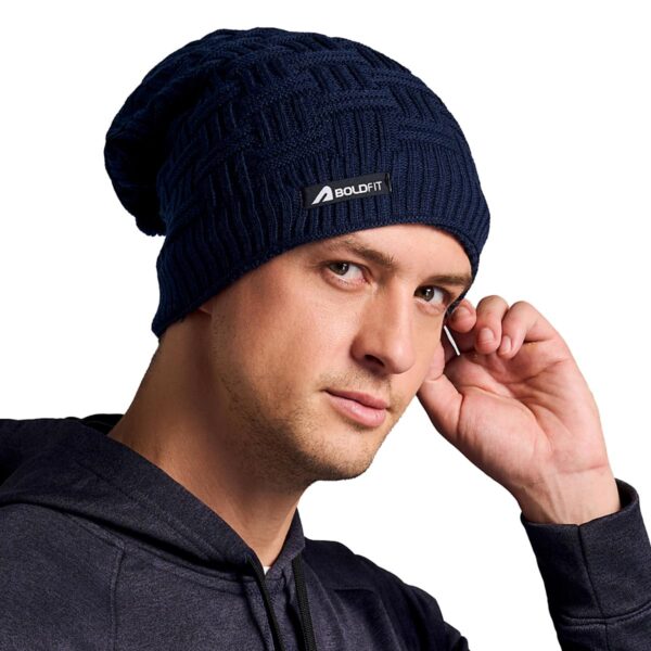 Boldfit Navy Blue Long Winter Beanie Cap for Men & Women - Unisex Adults, One Size, Slouchy, - Image 2