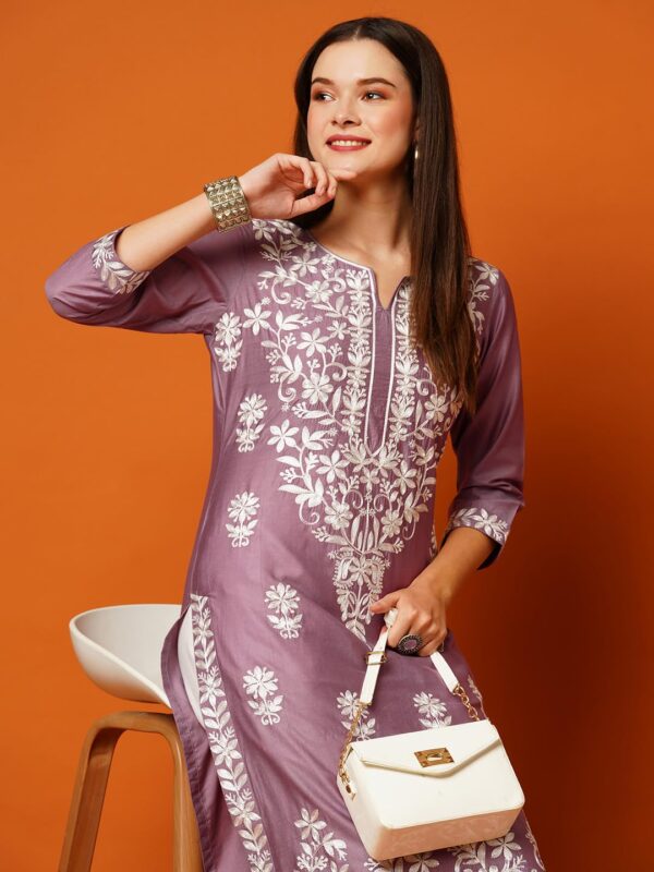 GoSriKi Women's Cotton Blend Straight Chikankari Embroidered Kurta - Image 6