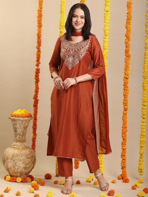 GoSriKi Women's Rayon Viscose Embroidered Straight Kurta with Pant & Dupatta - Image 9