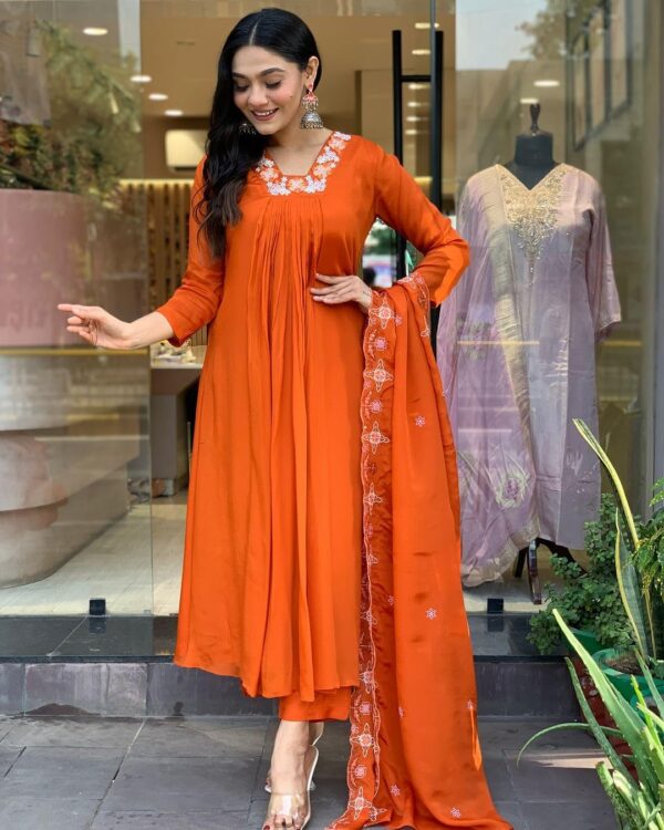GoSriKi Women's Rayon Blend Anarkali Thread Work Kurta with Pant & Dupatta - Image 6