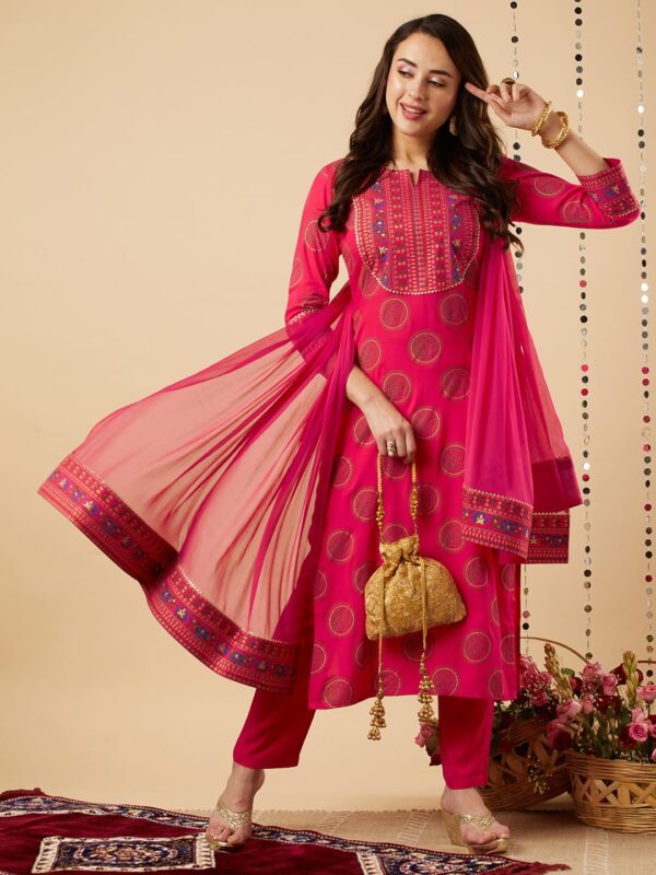GoSriKi Women's Cotton Blend Straight Printed Kurta with Pant & Dupatta - Image 10