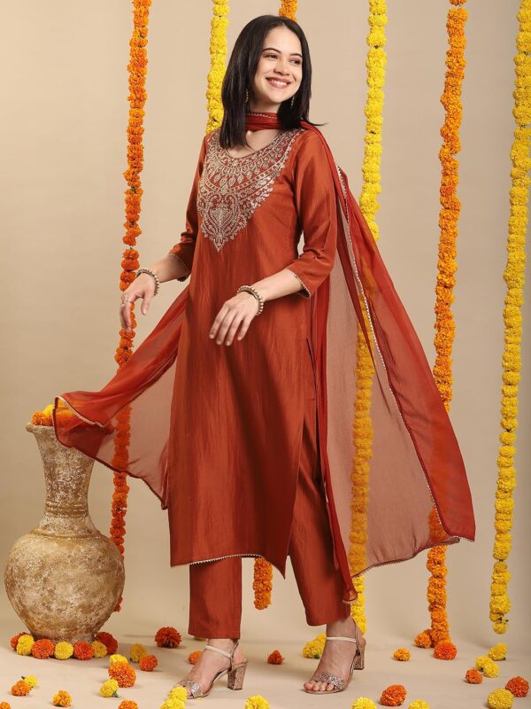 GoSriKi Women's Rayon Viscose Embroidered Straight Kurta with Pant & Dupatta - Image 4