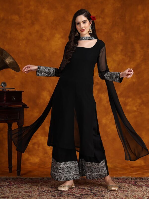 EthnicJunction Women's Georgette Embridered Kurta Palazzo and Dupatta Set - Image 3
